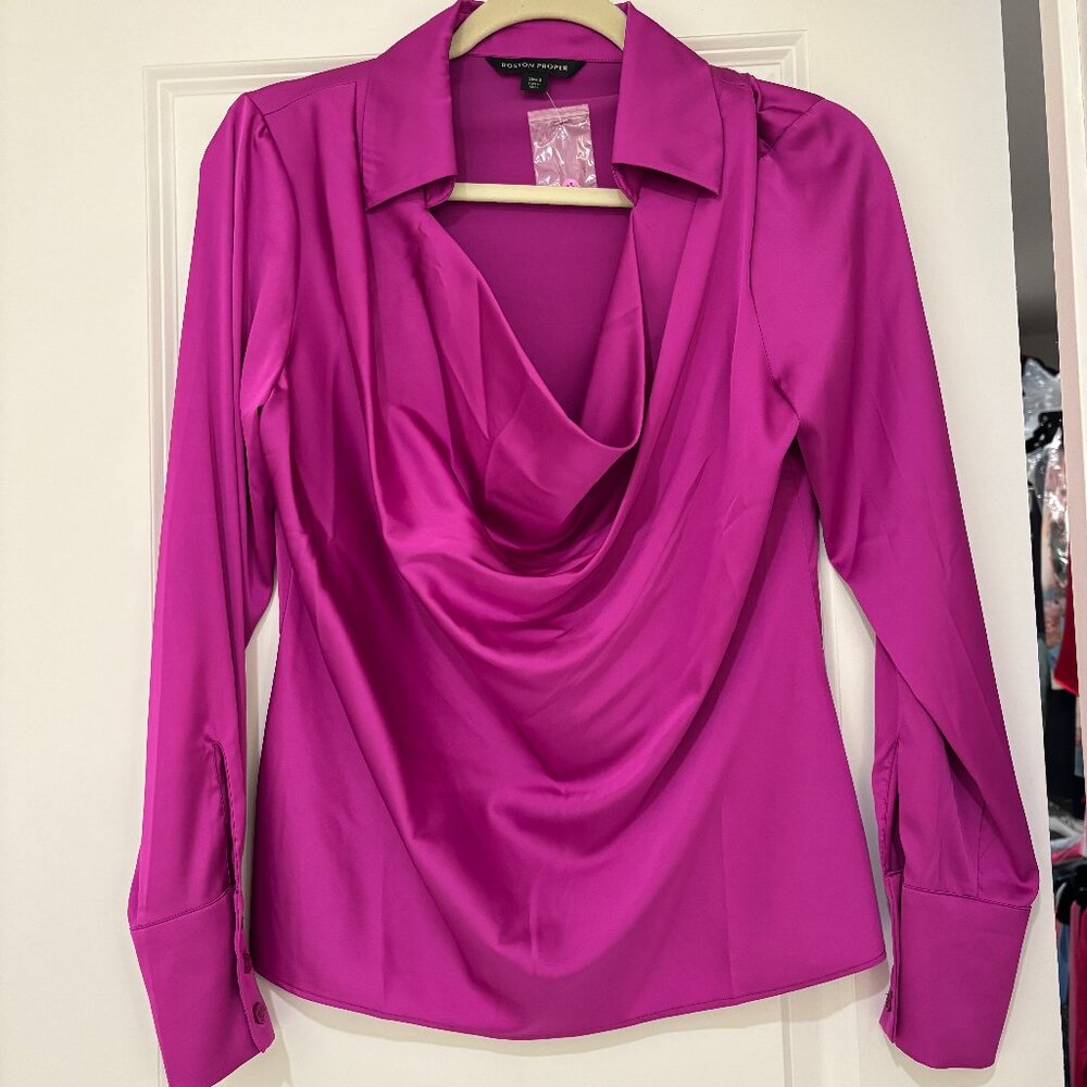 Boston Proper Long Sleeve Cowl Neck Top in Fushia